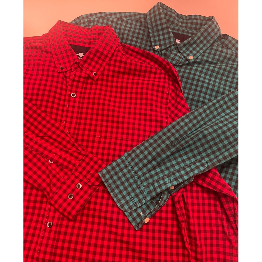 Lot of 2 Saddlebred Mens Wrinkle Free Gingham Button Down Shirts Red Teal Large